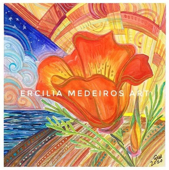 Painting of california poppy with abstract sun an clouds Copyright Ercilia Medeiros Santa Cruz California Fine Art by Ercilia Medeiros Copyright Ercilia Medeiros
