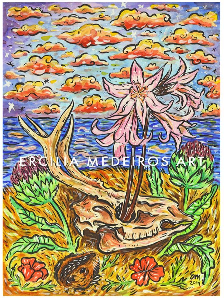Painting of amaryllis flowers emerging from a deer skull Copyright Ercilia Medeiros Art 