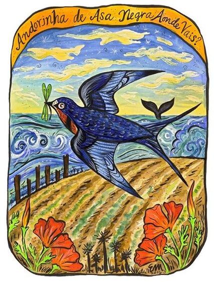 Painting of a barn swallow against fields and distant ocean Copyright Ercilia Medeiros Santa Cruz California Fine Art by Ercilia Medeiros Copyright Ercilia Medeiros