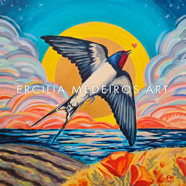Painting of a flying barn swallow and clouds with ocean waves Ercilia Medeiros Fine Art Painting Santa Cruz California