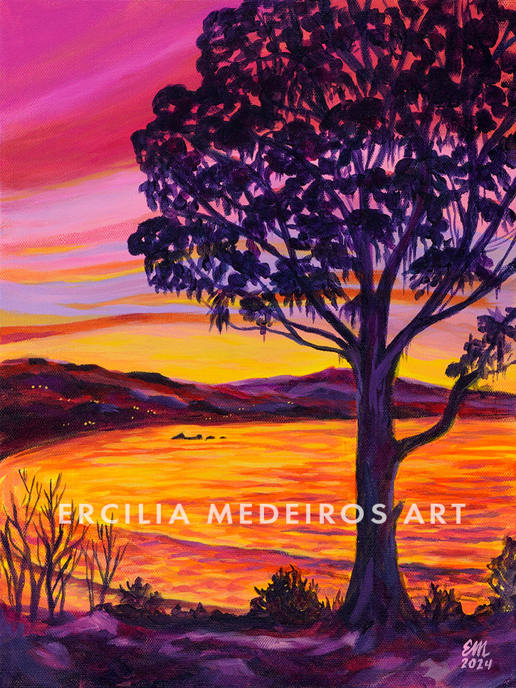 Fine Art contemporary Painting landscape with Monterey Bay and radiant sunset acrylic on canvas Fine Artist Ercilia Medeiros copyright